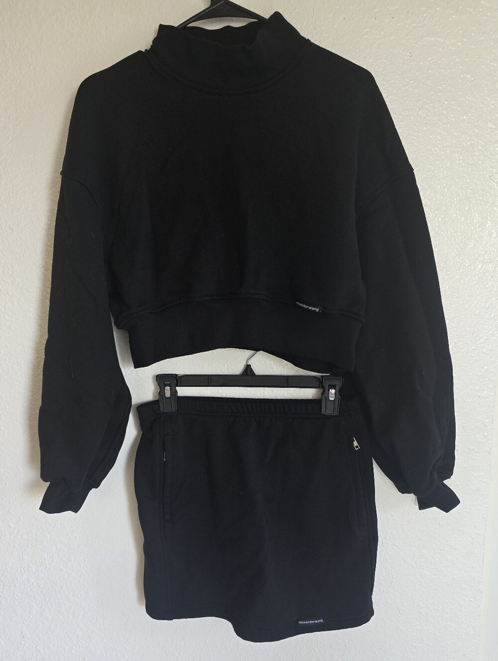 Alexander Wang Black Cropped Turtleneck Sweatshirt with matching minisweat skirt